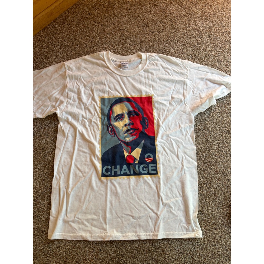 Gildan Barack Obama Change Graphic T-Shirt Mens Large White Y2k